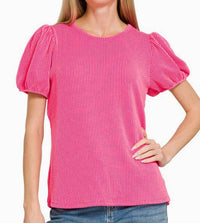 Zenana - Puff Sleeve Corded Shirt