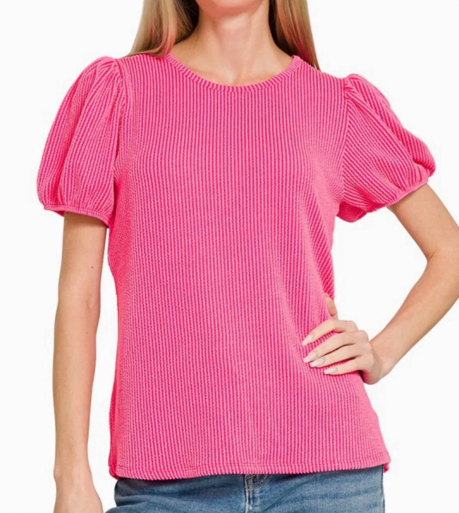 Zenana - Puff Sleeve Corded Shirt