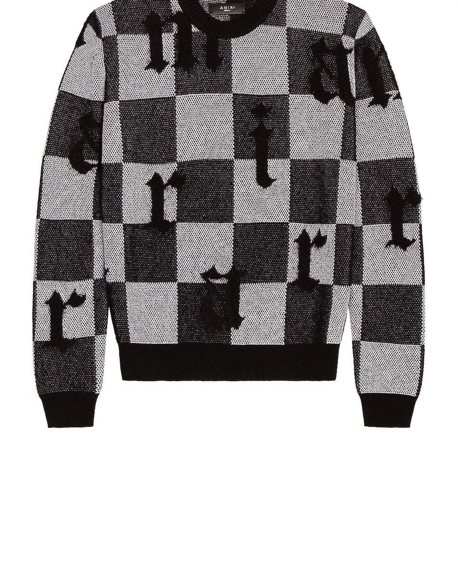 Amiri Logo Check Cashmere Crewneck Sweater in black white - men's sweater - alternate view