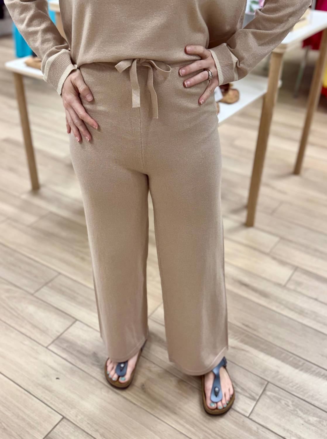 M made in Italy Straight Leg Shimmer Pant in italy straight leg shimmer pant in beige - women's pants - detail view