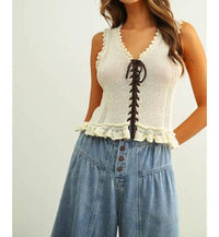 Miou Muse - Lace Up Front Knit Top with Ruffled Hem