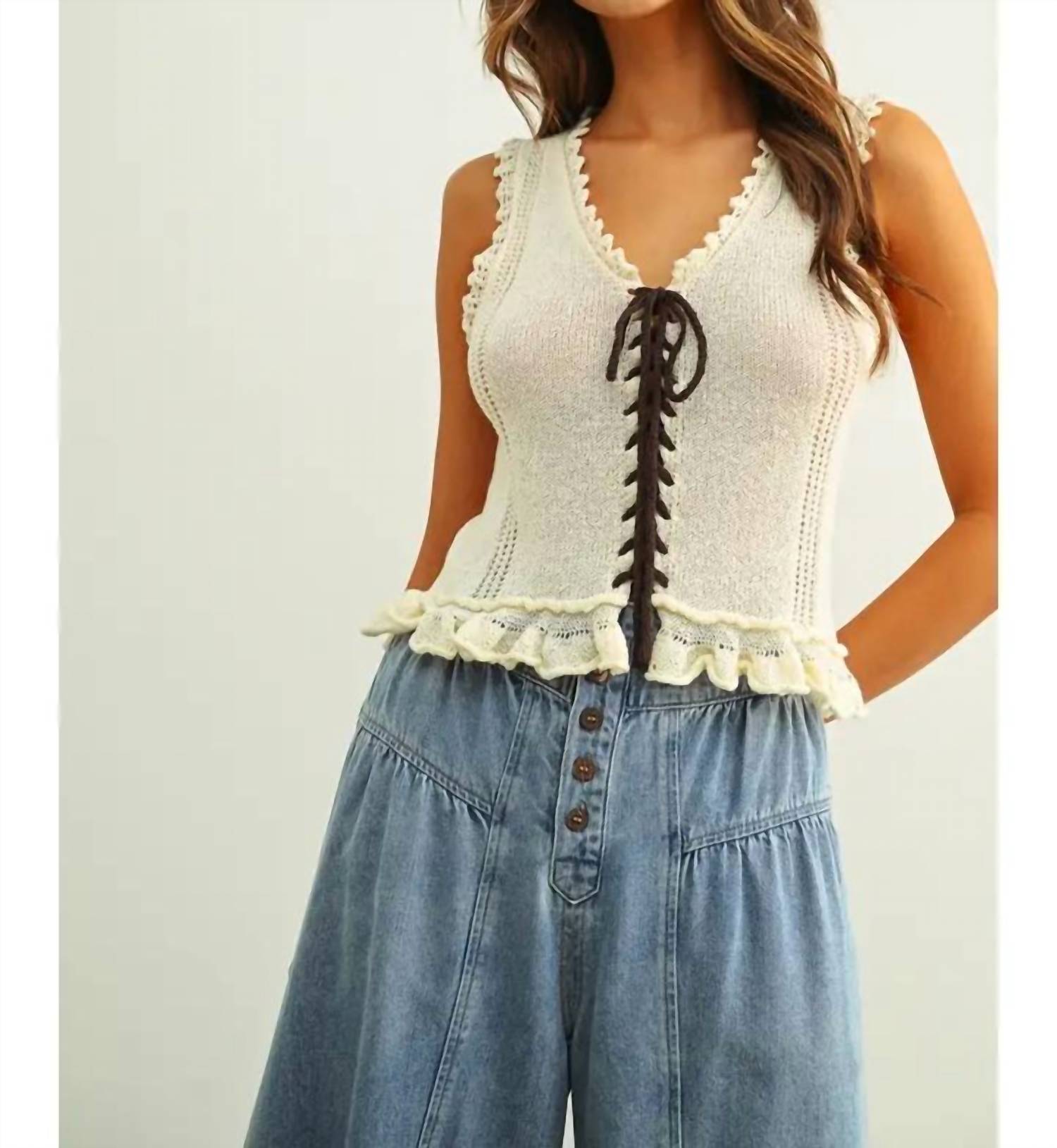 Miou Muse - Lace Up Front Knit Top with Ruffled Hem