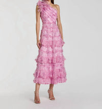 MAC DUGGAL Printed One Shoulder Ruffled A-line Midi Dress in pastel multi - women's dress