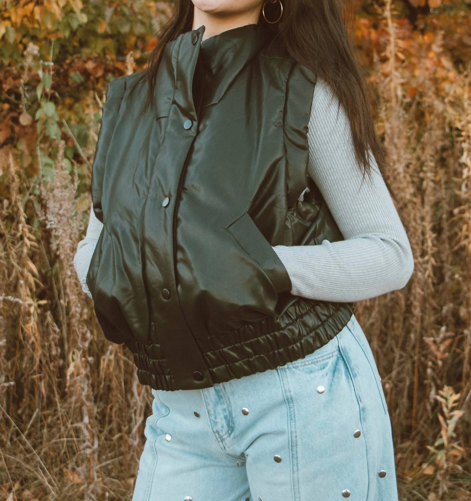 TCEC Midnight Snap Button Front Puffer Vest in black - women's jacket - detail view