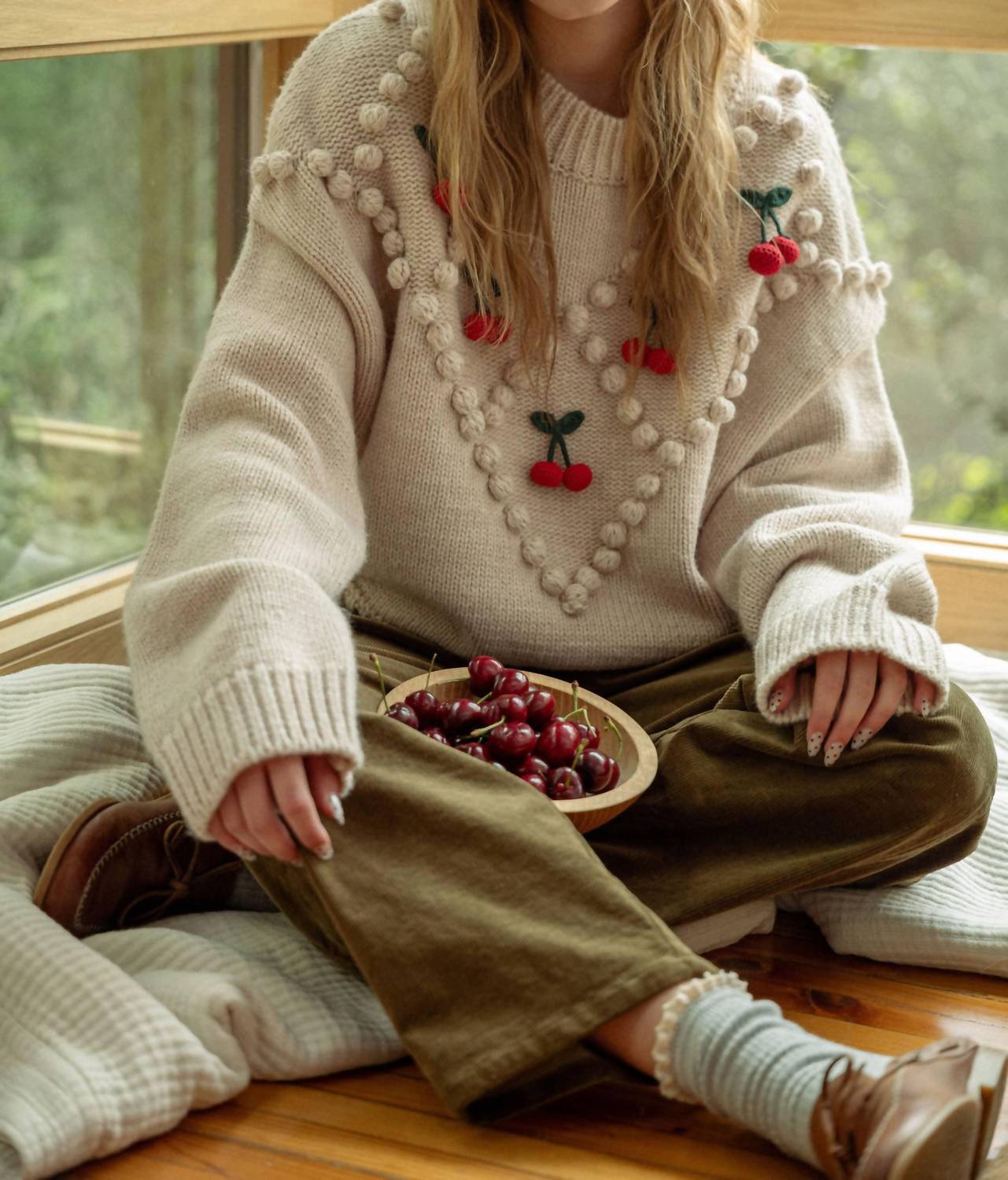 Miou Muse - Cherry Popcorn Trim Sweater