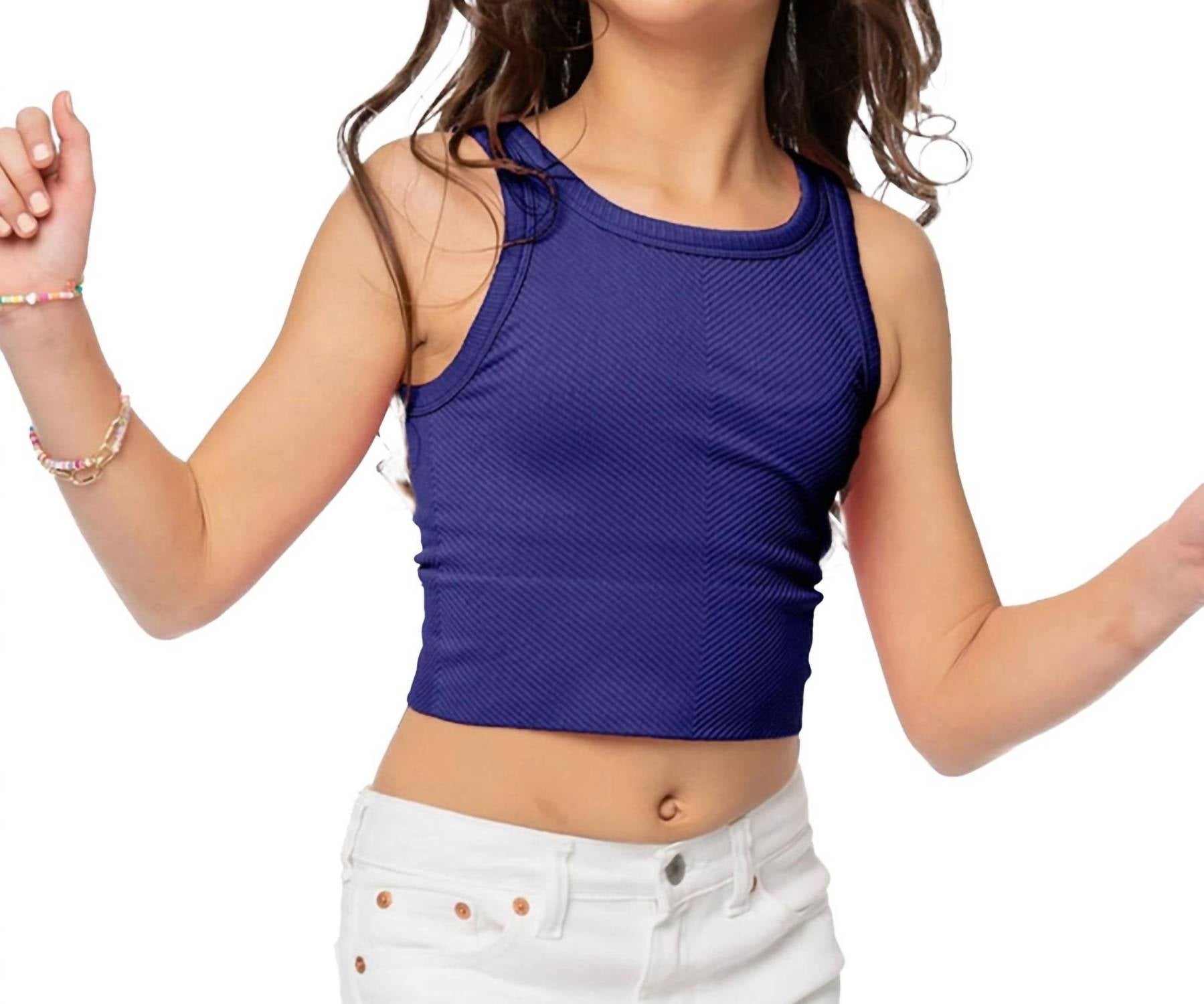 Malibu Sugar Girl's Chevron Crop Tank in navy - kids' tank top