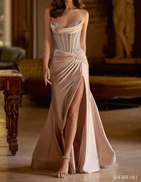 Sherri Hill Peek-a-boo Neckline Strapless Dress in nude - women's dress