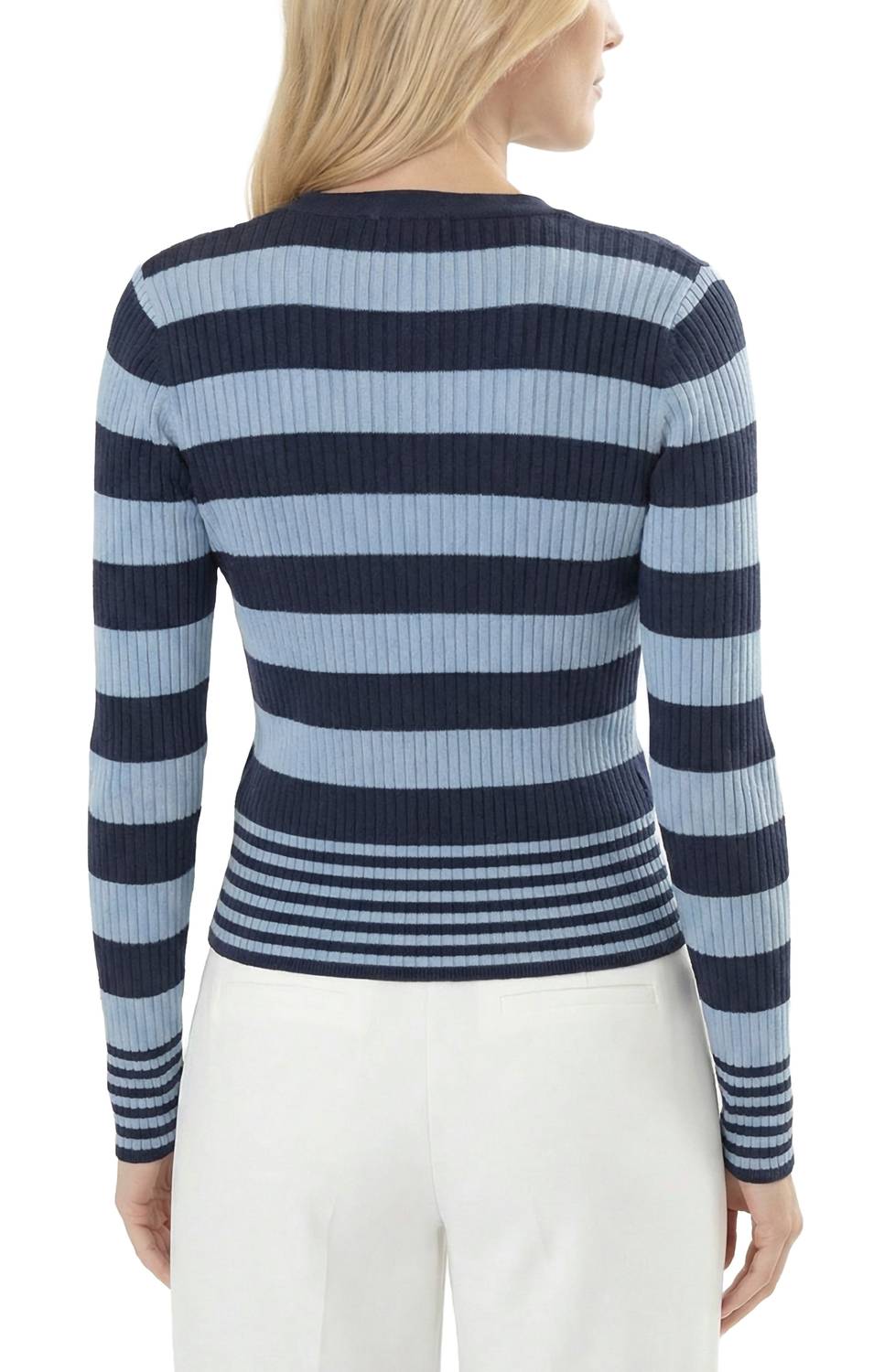 Area Stars Women's Striped Long Sleeve Knit Top in light blue navy - women's cardigan - detail view