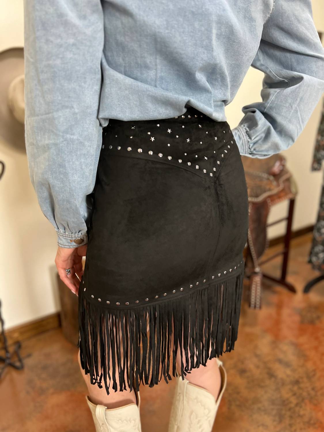 Rock & Roll Denim - The Studded Fringe Buckle Skirt