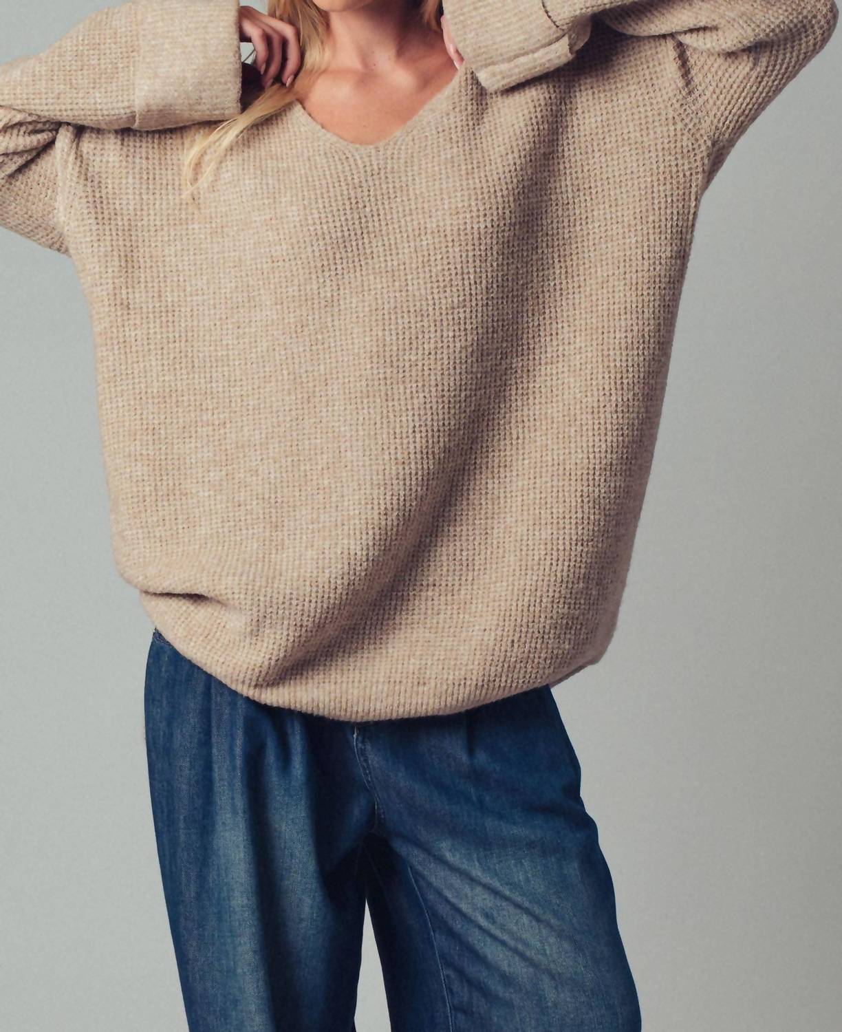 Urban Daizy Oversized Knit V Neck Sweater in taupe - women's sweater - detail view