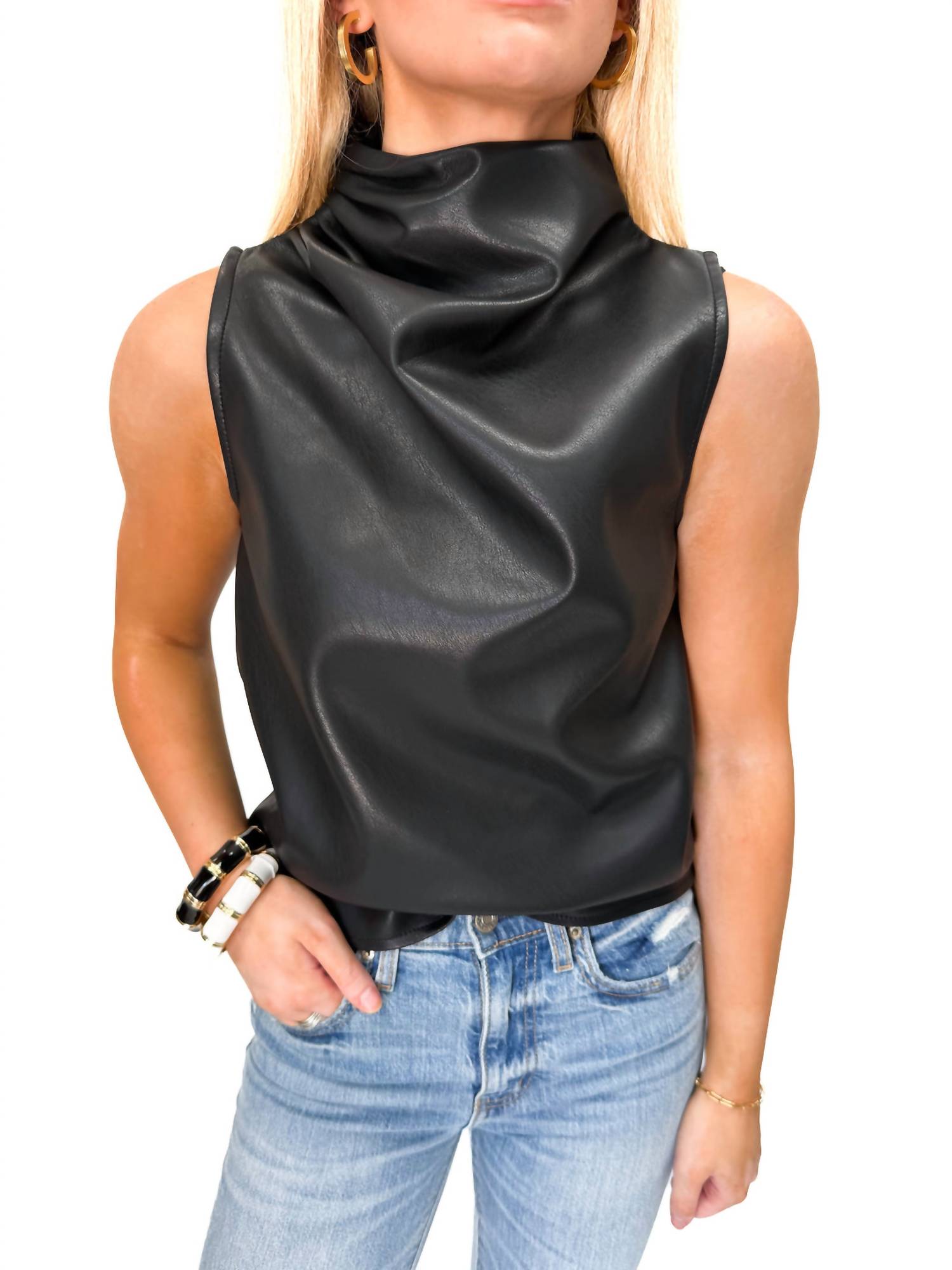 bishop + young Claude Leather Cowl Neck Top in black - women's blouse - detail view
