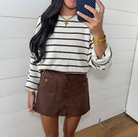 Blue B - Stripe Textured Raw Edge Long Sleeve Knit Sweater Top