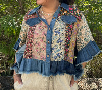 Young Threads - Patchwork And Denim Ruffle Hem Crop Jacket Top