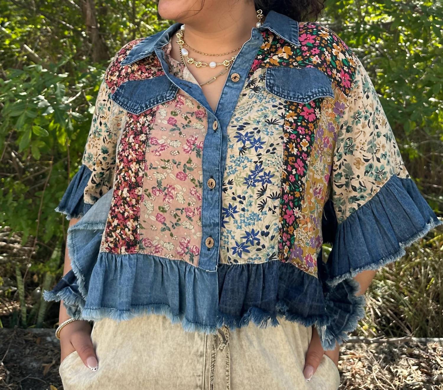 Young Threads - Patchwork And Denim Ruffle Hem Crop Jacket Top