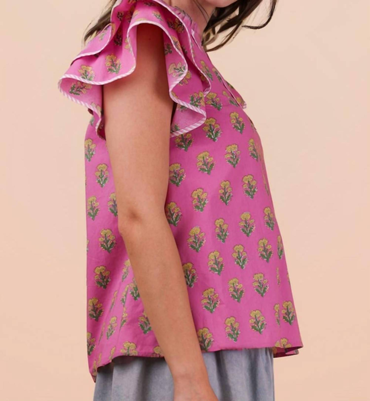 Very J - Ruffle Sleeve Printed Woven Blouse Top