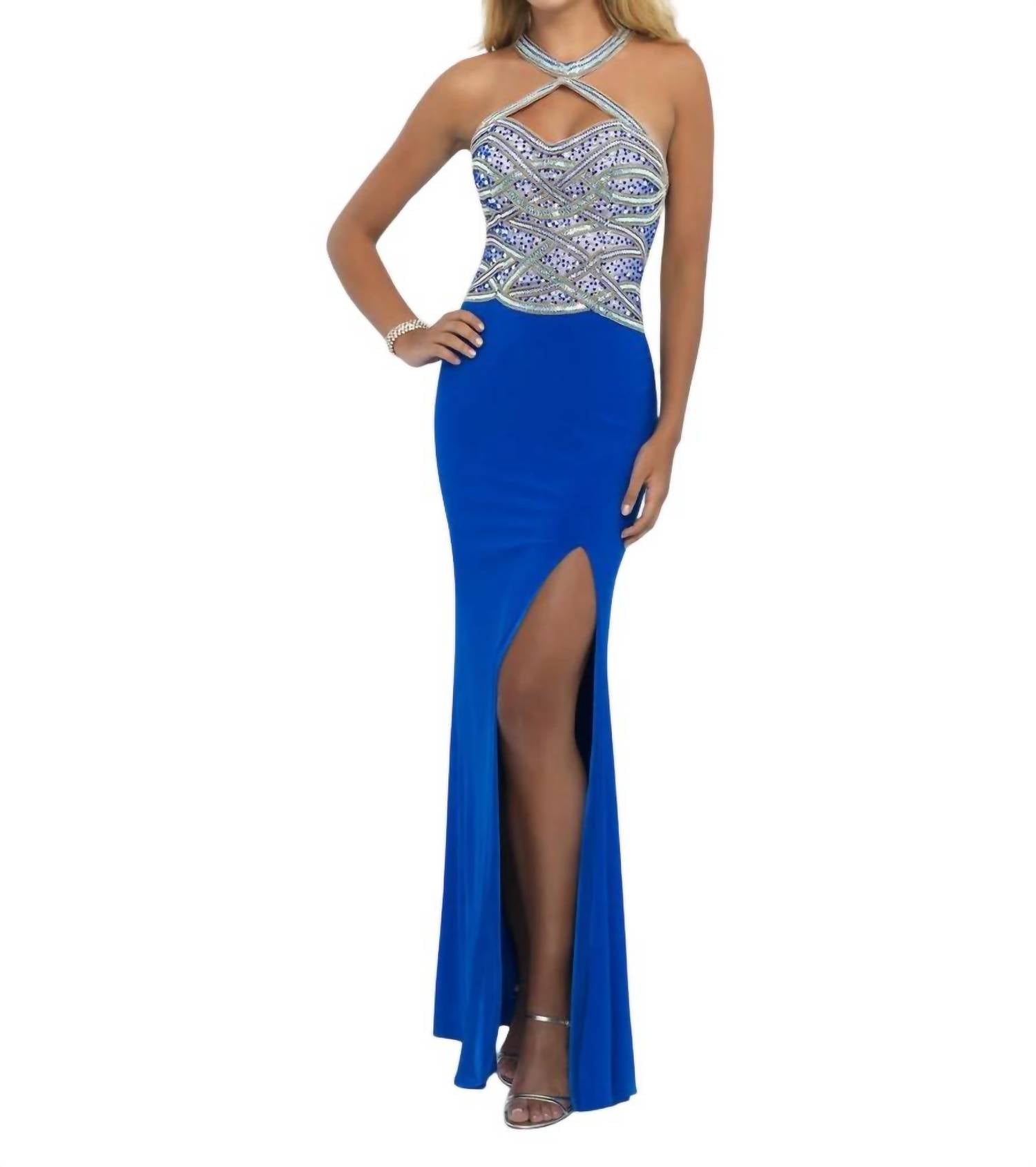 Blush Prom - Jeweled Halter Neck Jersey Gown