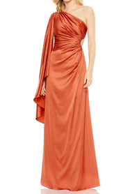 MAC DUGGAL Asymmetrical One Side Cape Sleeve Ruching Satin Dress in rust - women's dress