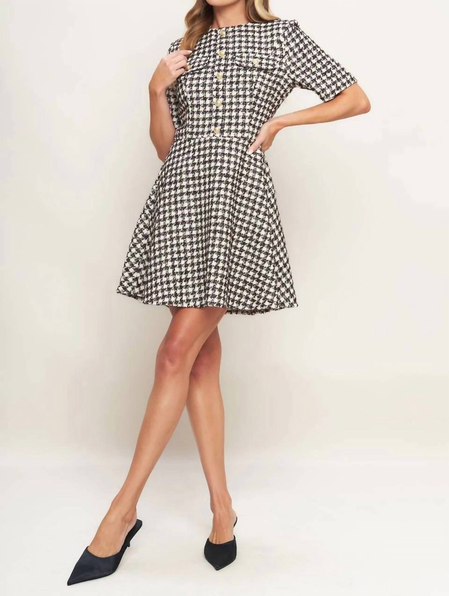Flying Tomato - Tilde Short Sleeve Button Tweed Mini Dress