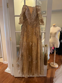 JOVANI 3/4 sleeve lace ball gown in champagne - women's dress - detail view
