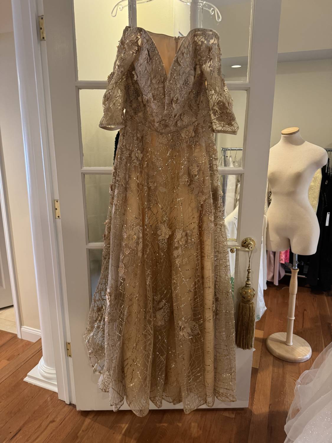JOVANI 3/4 sleeve lace ball gown in champagne - women's dress - detail view
