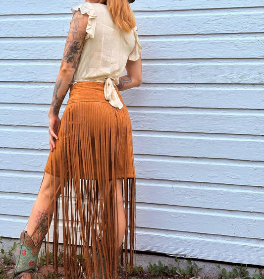 Lucky & Blessed - Western Stretch Suede Long Fringe Skirt