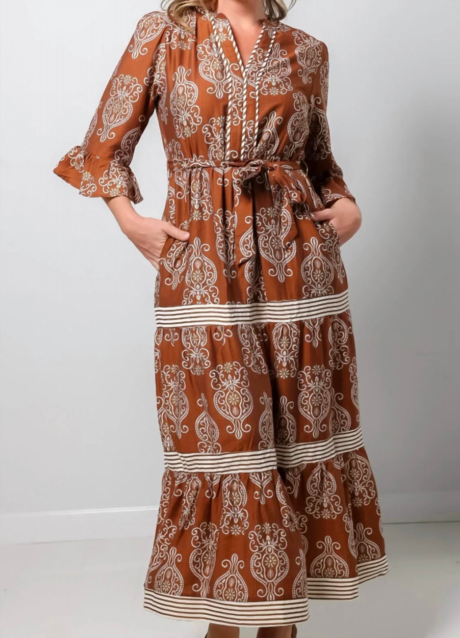she and sky dress + SKY- GREEN/BLUE SLEEVELESS CONTRAST WOVEN PRINT TIERED MAXI Easter Dress Collection Puff Half Sleeves Faux Wrap Surplice Silhoutte Ruffle Hemline Mini Dress Lined Color She + Sky Long Sleeve