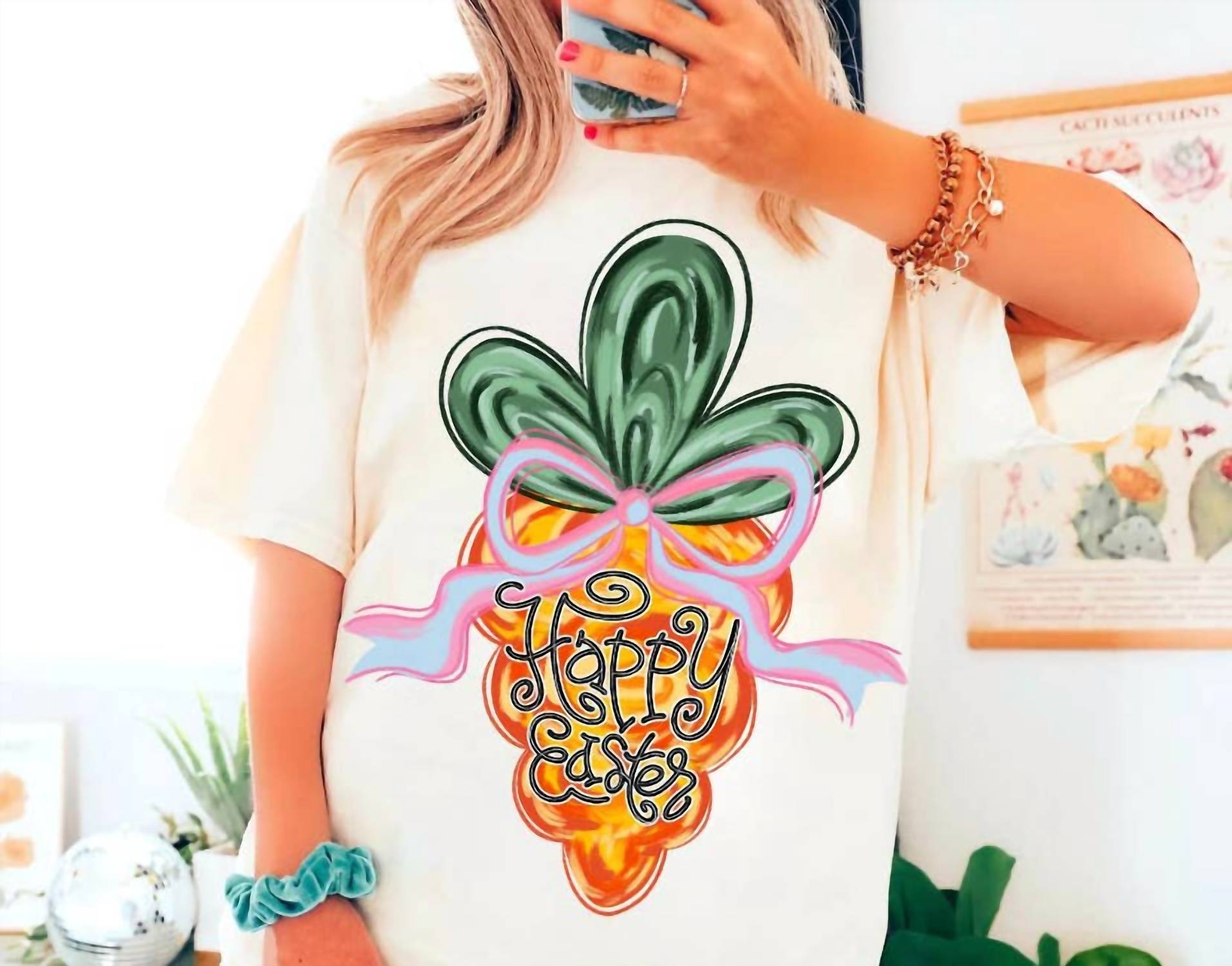 Blazing Oaks Clothing Company Women's Happy Easter Carrot Coquette Short Sleeve Shirt in ivory - women's t-shirt