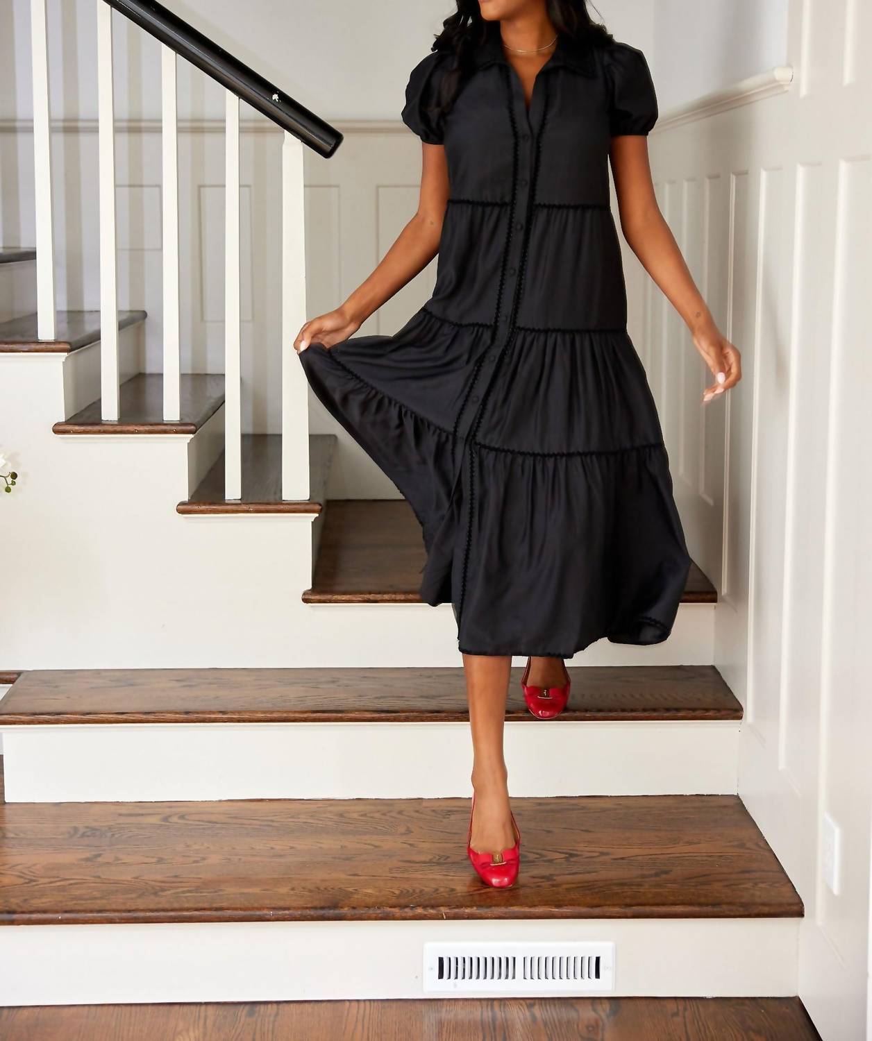 Sail To Sable - Puff Sleeve Midi Shirt Dress