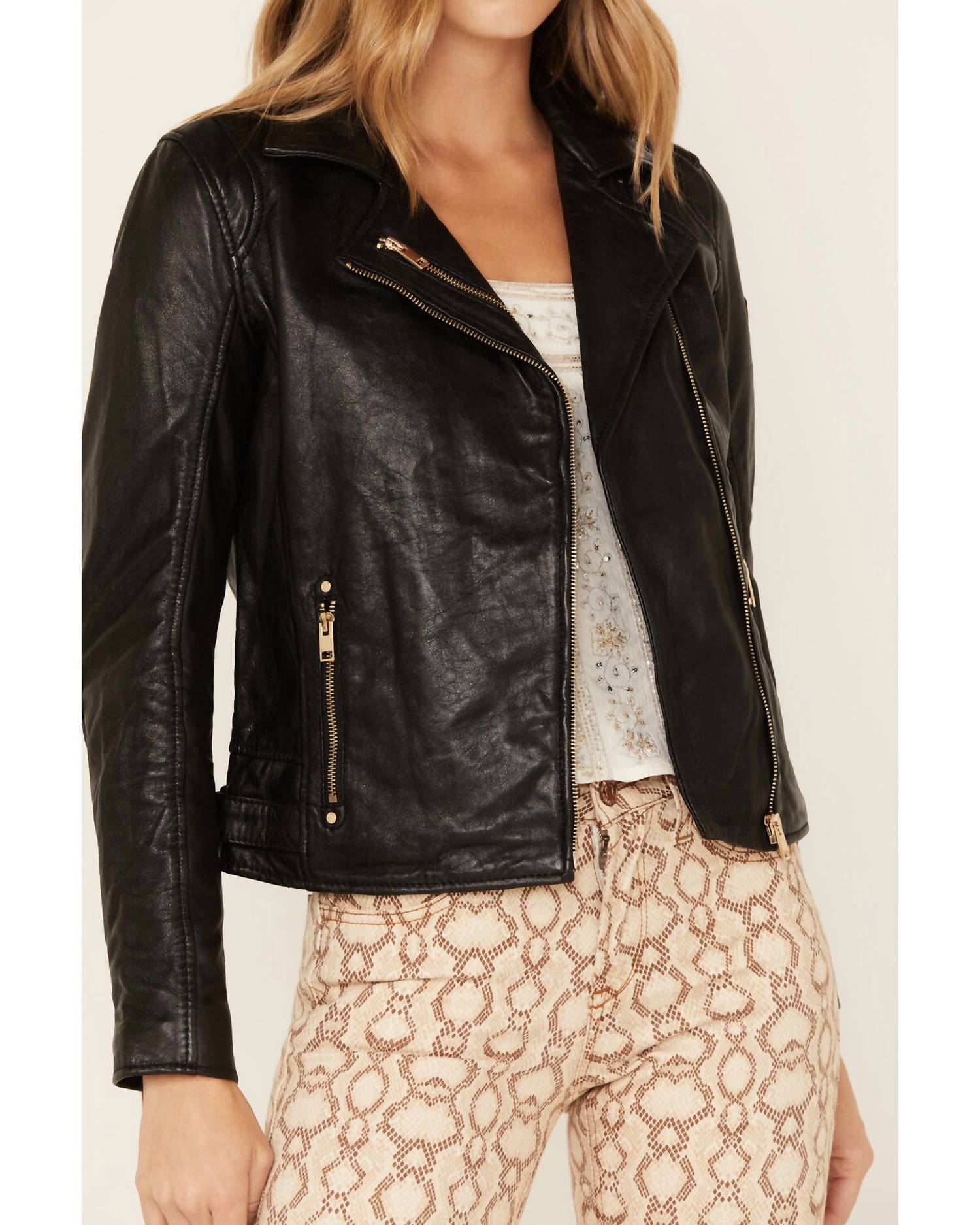 MAURITIUS Love And Peace Studded Leather Jacket in black - women's jacket - alternate view