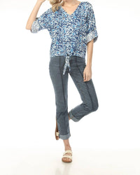 Charlie B - Printed Quarter Roll-up Sleeve Front Tie Top