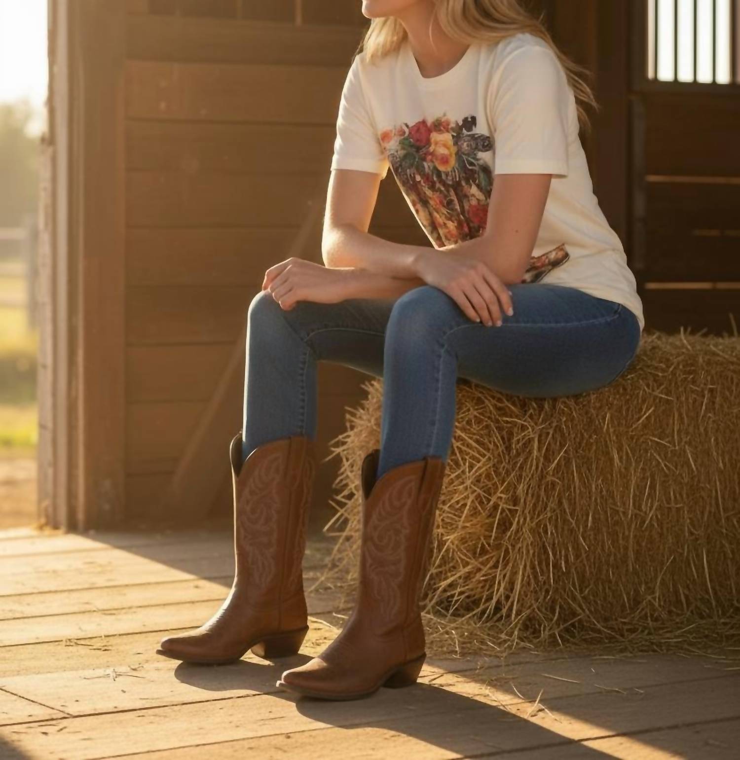 Bling A Gogo Floral Boots With Rhinestone Crew Tee in natural - women's t-shirt - alternate view