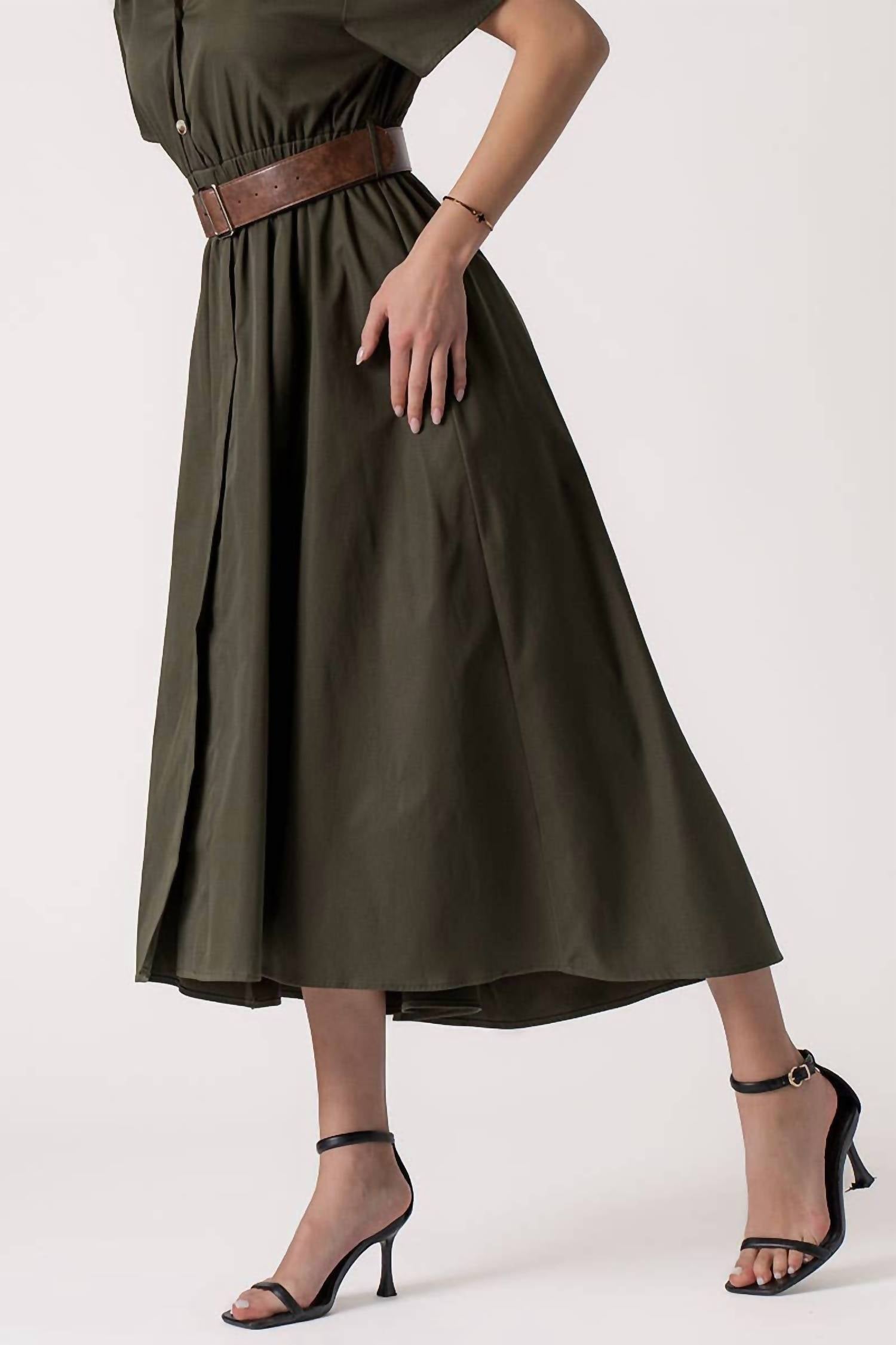 Urban Daizy Exaggerated Collar Spring Shirt Belted Midi Dress in olive - women's dress - view 4