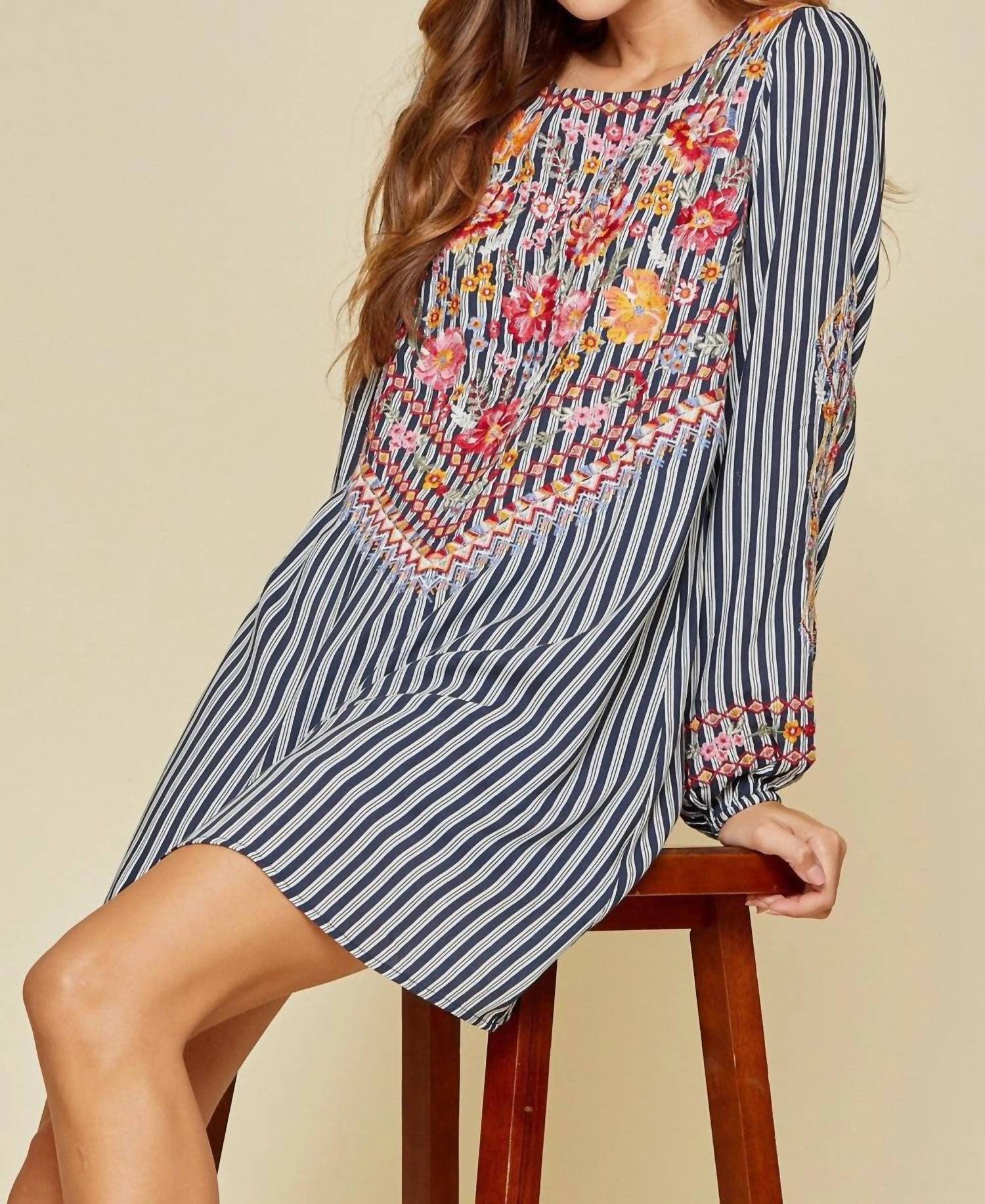 Andree By Unit - Women's Floral Embroidered Striped Dress