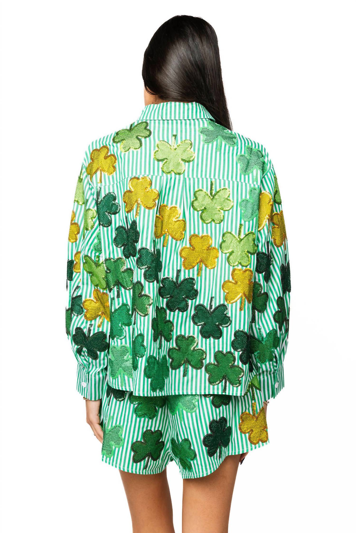 QUEEN OF SPARKLES Rhinestone Shamrock Set in green and white striped - women's sleepwear - detail view