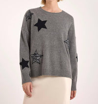 Brodie Cashmere Perrie Patch Star Cashmere Crew Neck Jumper in mid grey - women's sweater