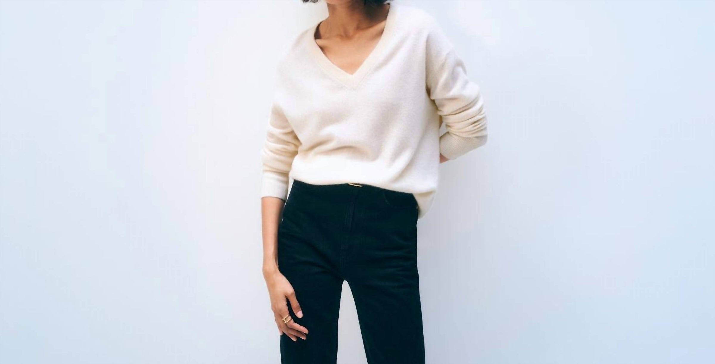 White + Warren - Rib Trim V-no Sweater