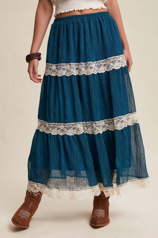 Listicle - Tiered Lace Trim Maxi Skirt