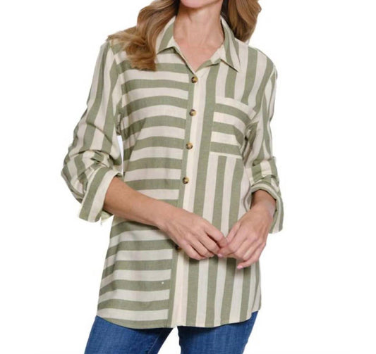 Multiples - Stripe Button Front Turn Up Cuff Hi-low Shirt