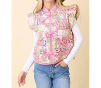 Main Strip Patchwork Floral Printed Vest in pink - women's jacket
