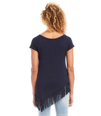 Karen Kane Nelly Angled Fringe Short Sleeve Top in navy - women's t-shirt - detail view