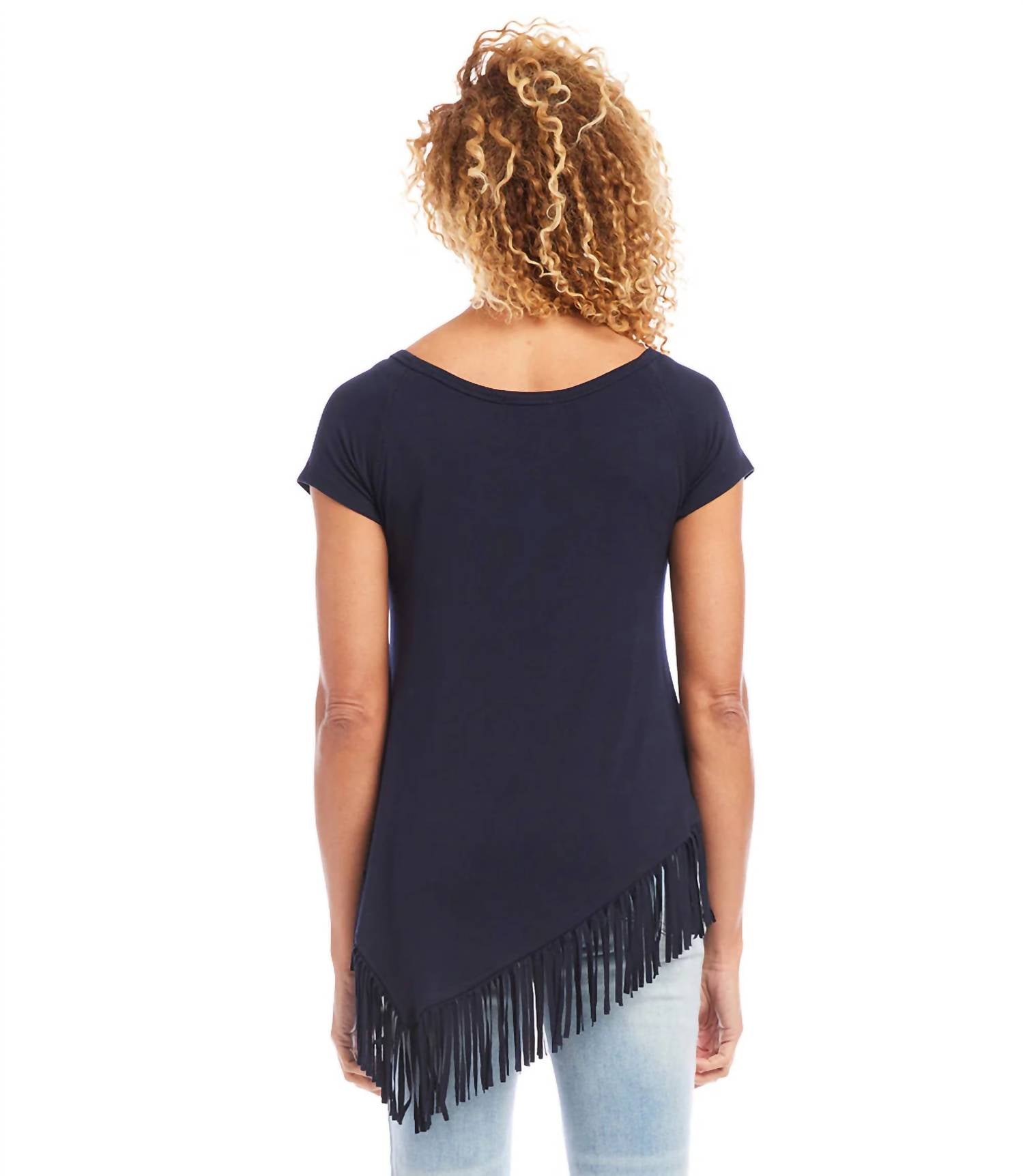 Karen Kane Nelly Angled Fringe Short Sleeve Top in navy - women's t-shirt - detail view