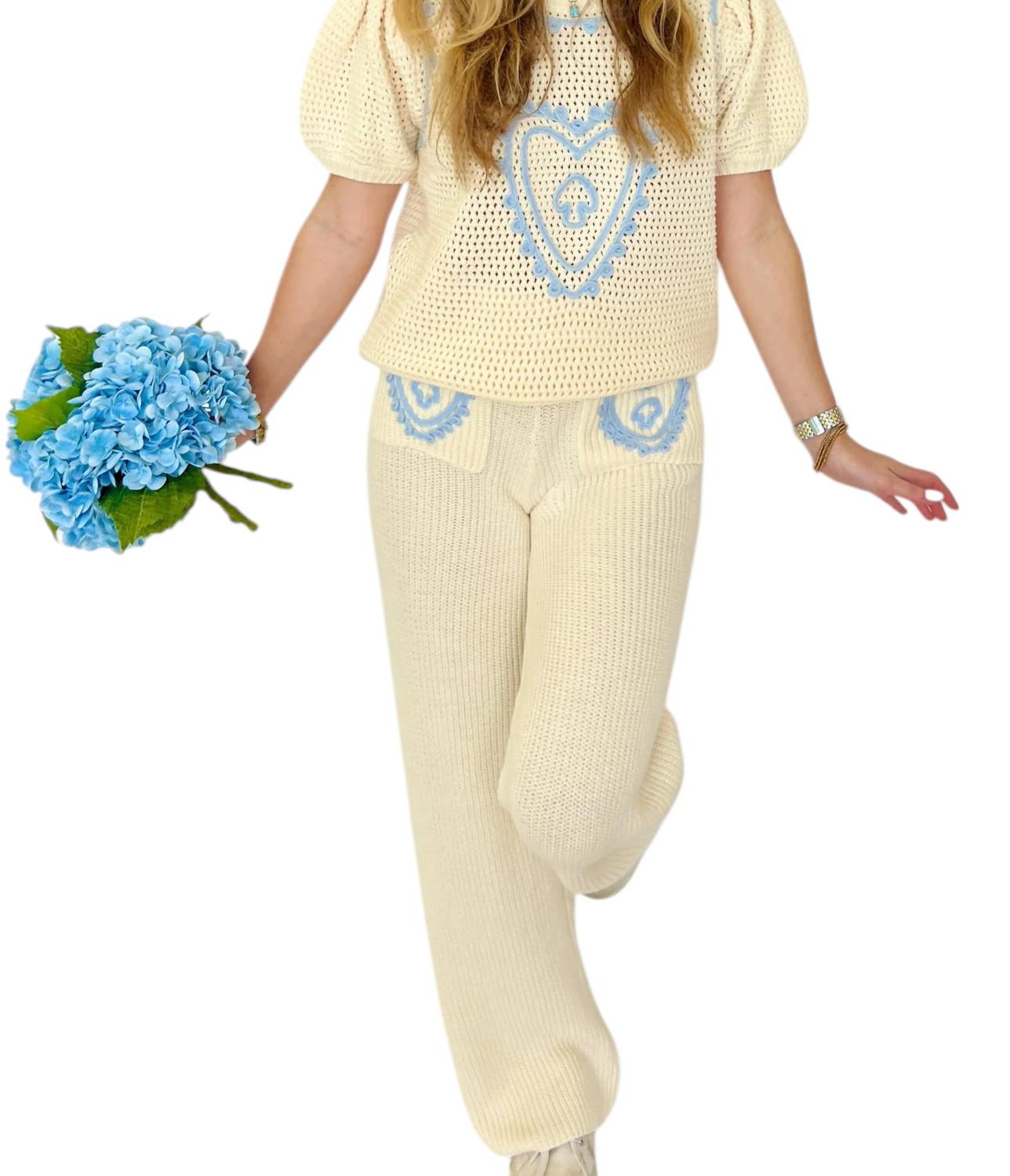 Lalavon - Celine Puff Sleeve Top And Pants Set