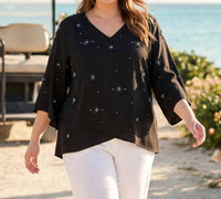 Karen Kane - Bracelet Sleeve Embellished Asymmetric Top - Plus