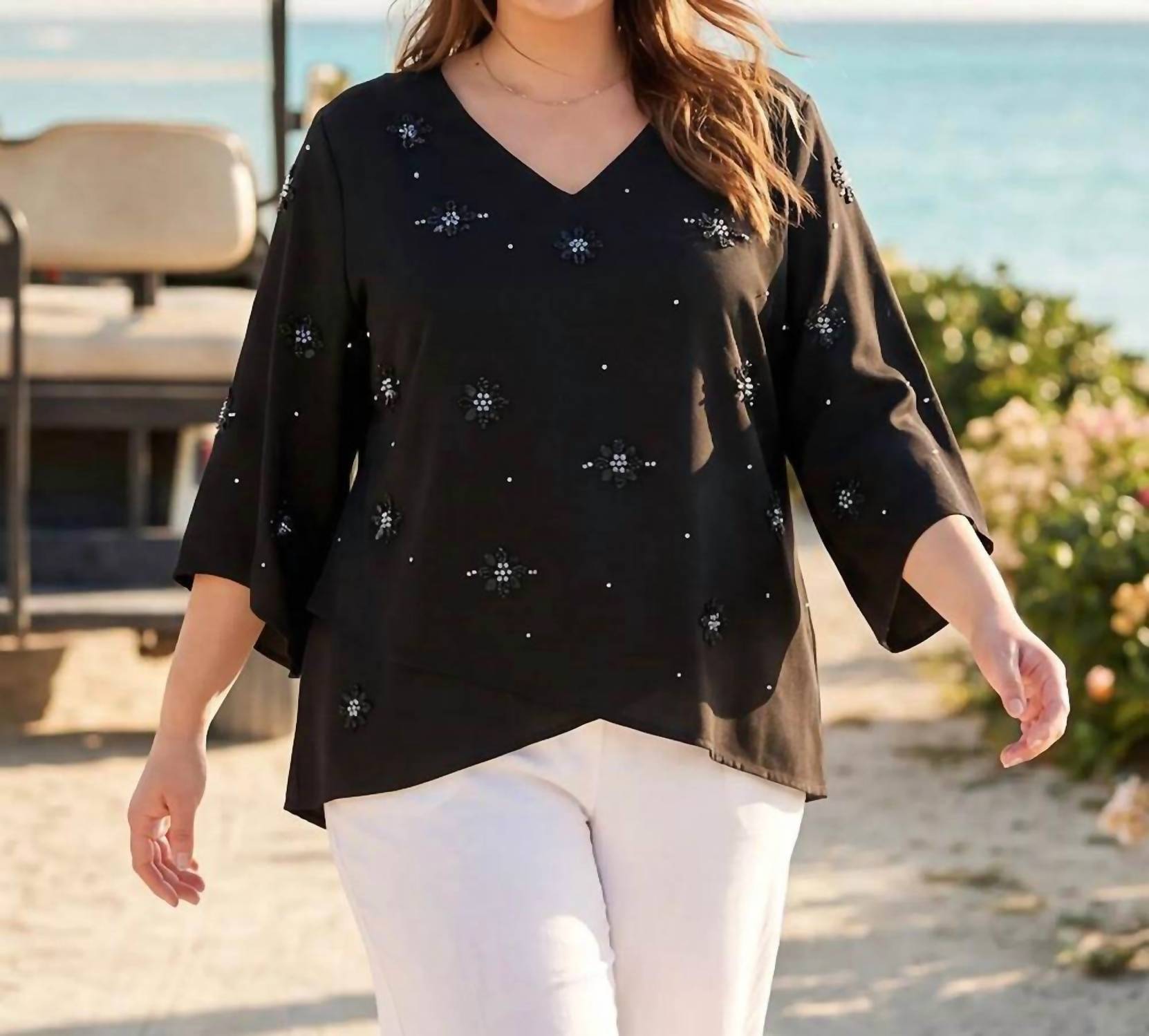 Karen Kane - Bracelet Sleeve Embellished Asymmetric Top - Plus