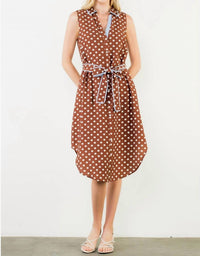THML Sleeveless Polka Dot Button Down Dress in brown - women's dress