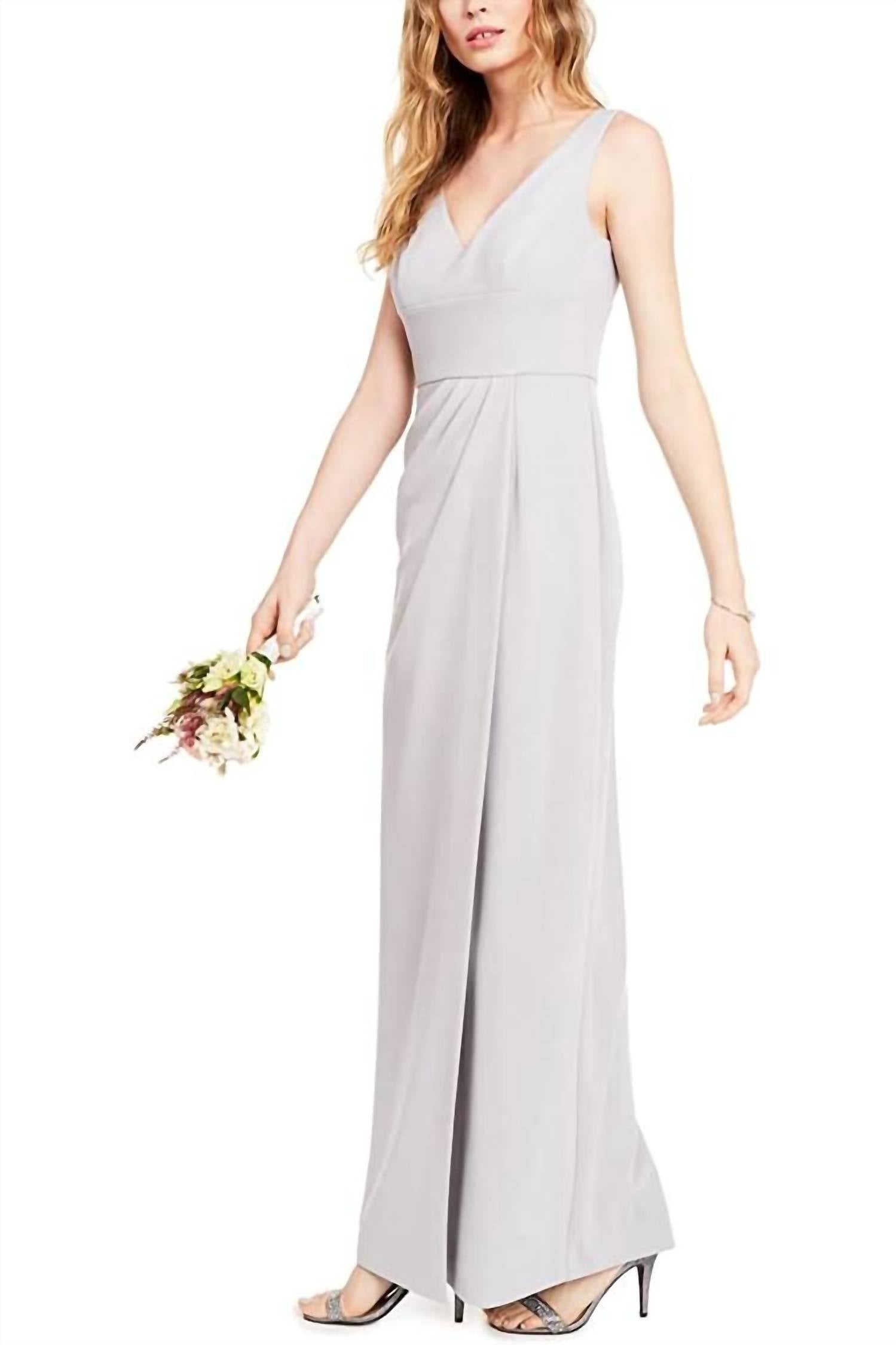 Adrianna Papell - V-neck Sleeveless Pleated Solid Crepe Dress