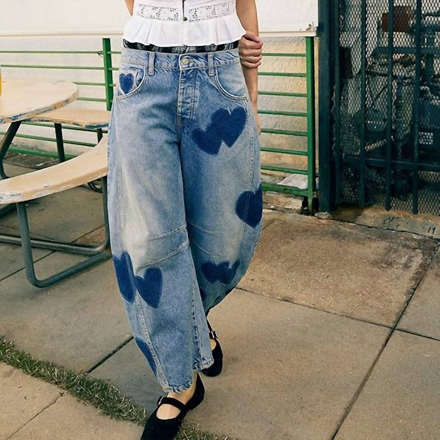 Faire - Heart Pattern Wide Leg Jeans