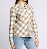 Thread & Supply Yana Collared Shirt in cream blue plaid - women's shirt - detail view