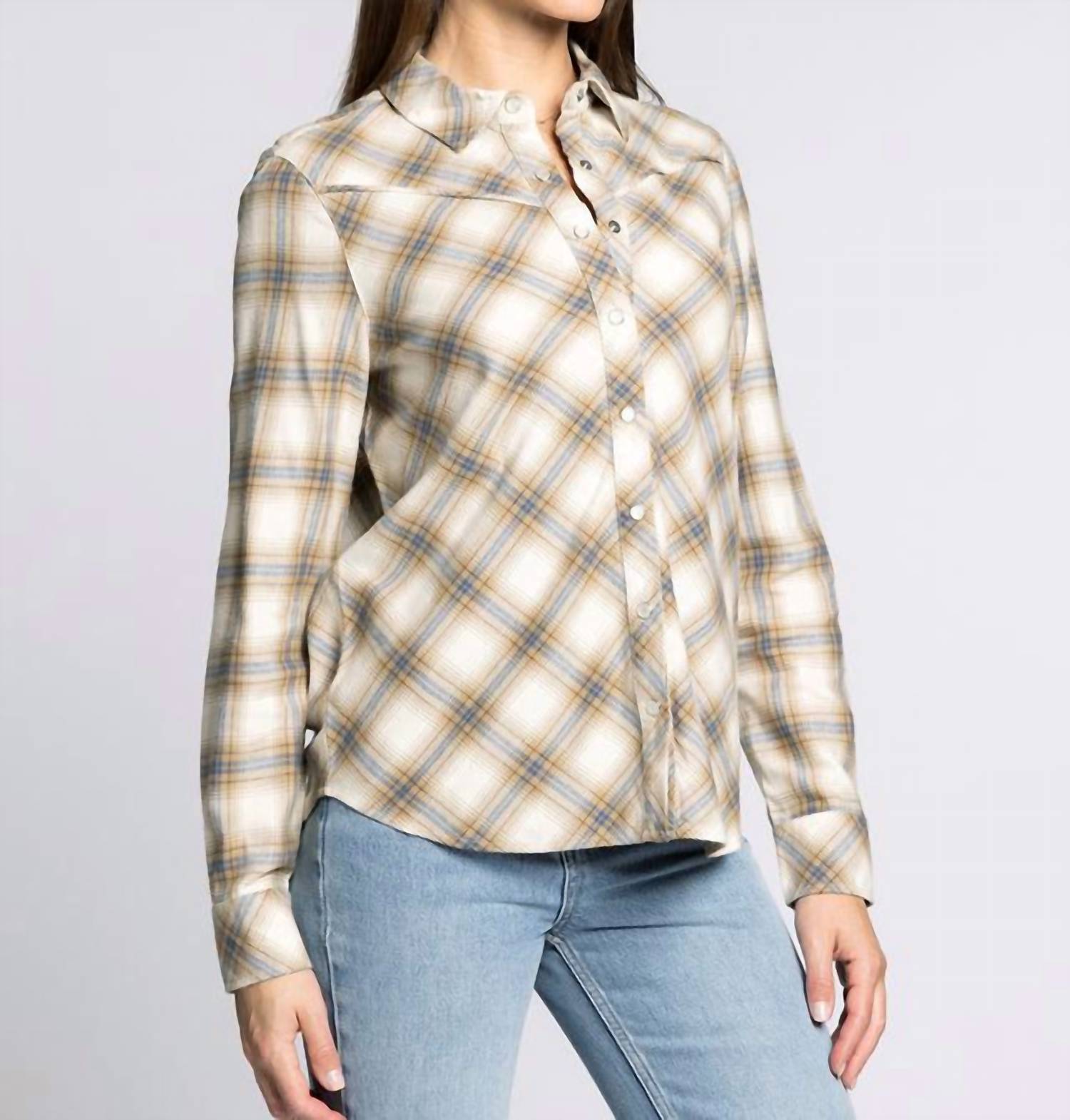 Thread & Supply Yana Collared Shirt in cream blue plaid - women's shirt - detail view