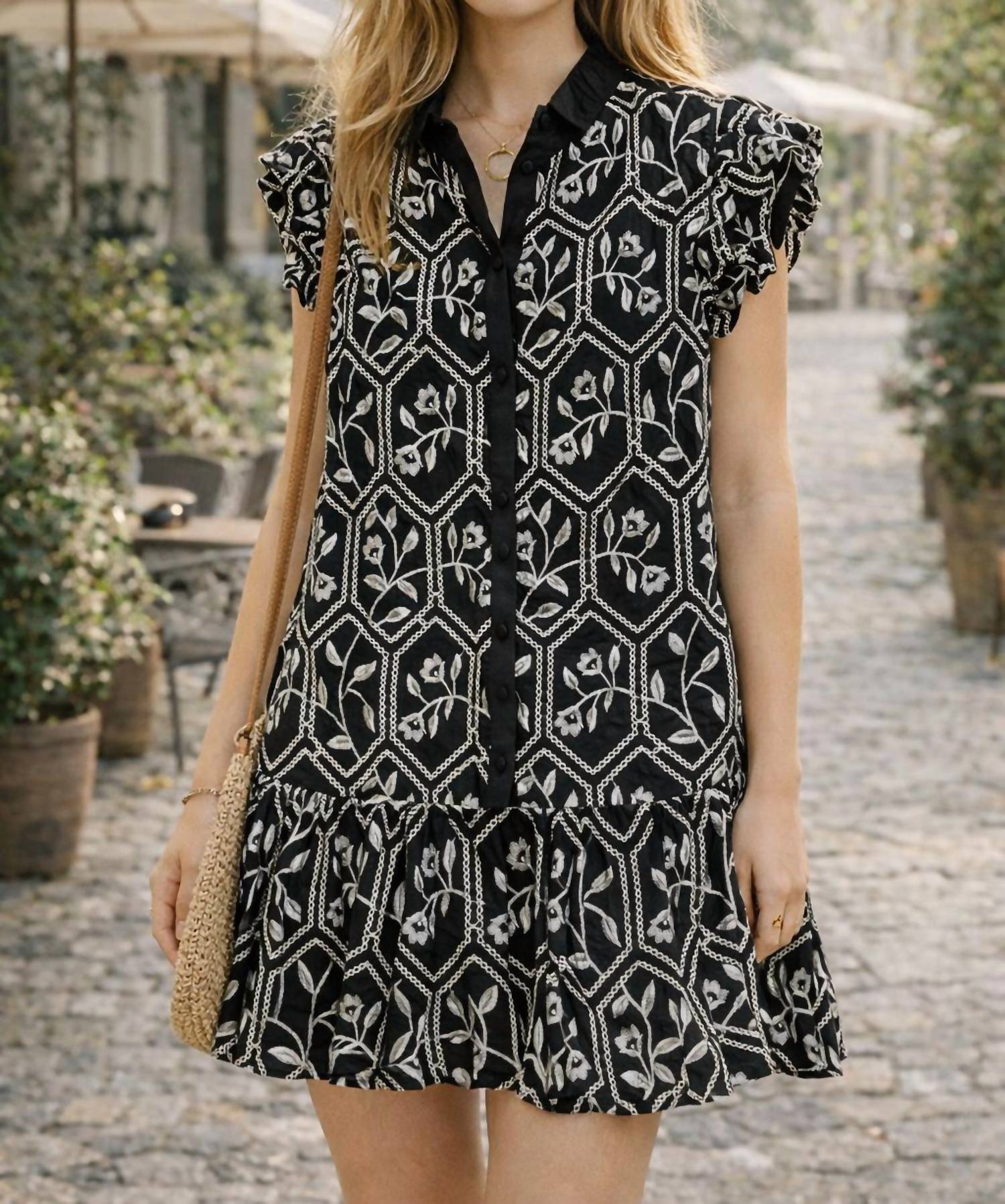 Gigio - Glossy Embroidered Button Down Dress